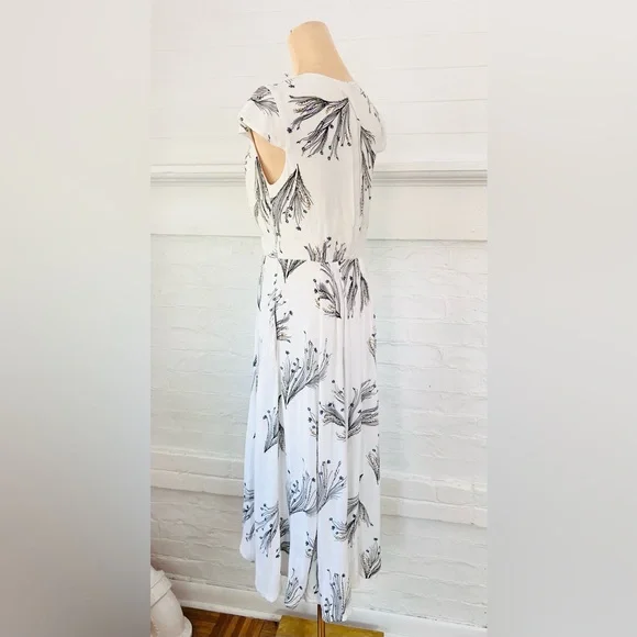 Free People Floral Retro Midi Dress Ivory Deep V Faux Wrap Cap Sleeve - Picture 7 of 14